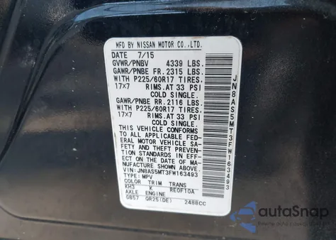 2015 Nissan Rogue Select S z USA, uszkodzony, nr VIN JN8AS5MT3FW163493